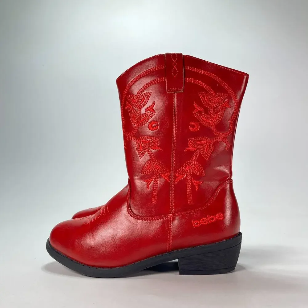 bebe Girls Red Classic Embroidery Mid Calf Western Cowgirl Boots Youth Size 3